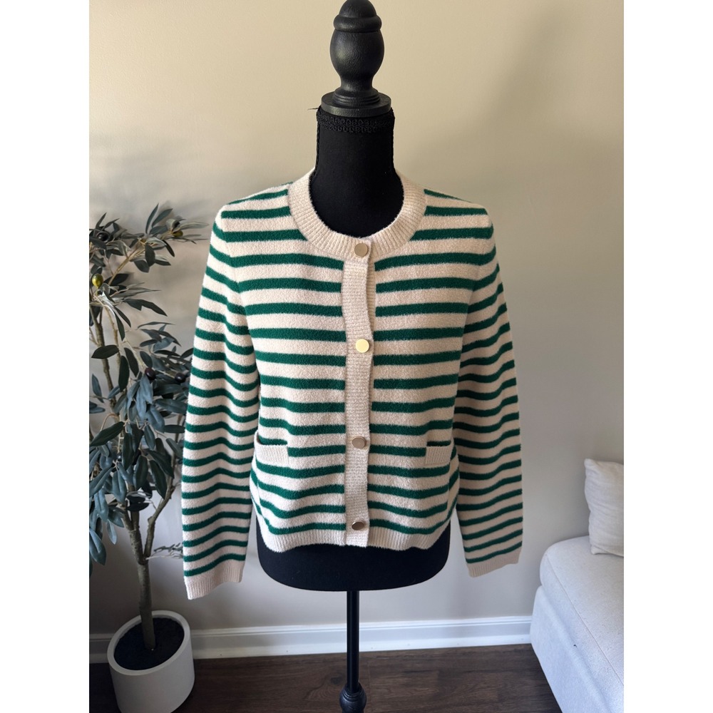 NVLT Womens Striped Knit Cardigan Green Cream Gold Button Front Sweater XS